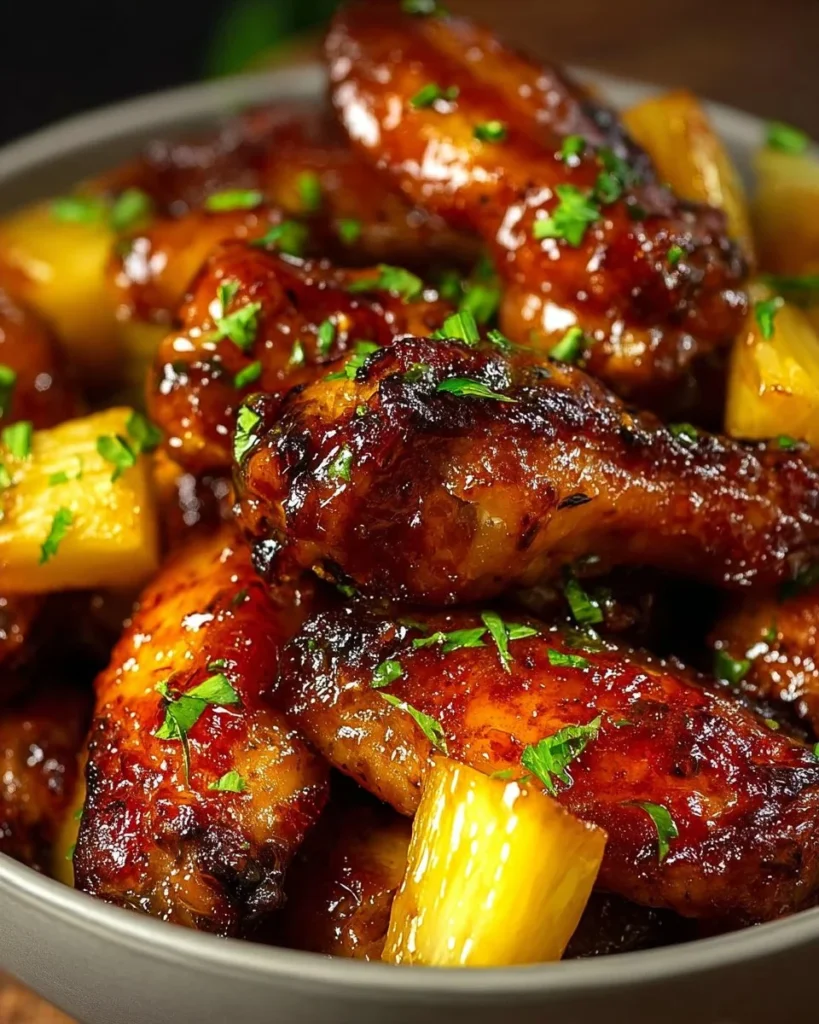 Brown Sugar Pineapple Wings served on a plate with garnish and dipping sauce