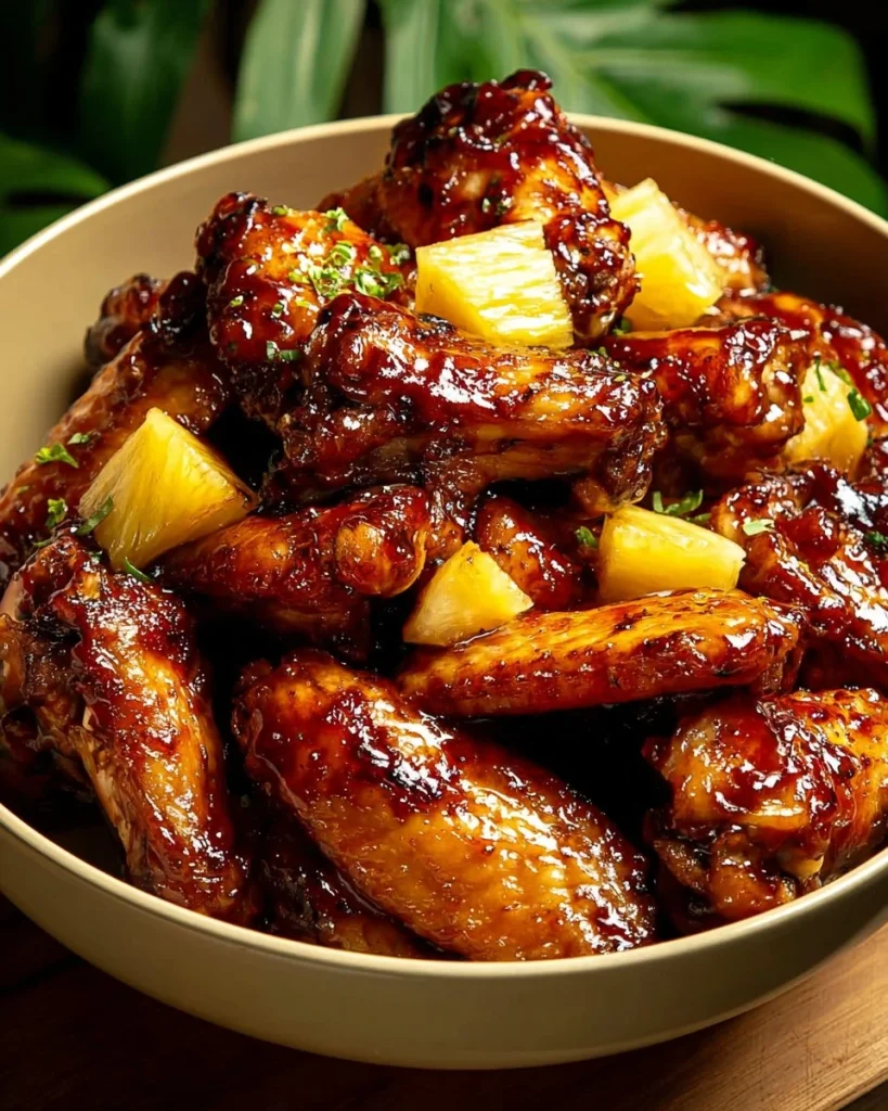 Delicious brown sugar pineapple wings chicken served on a platter
