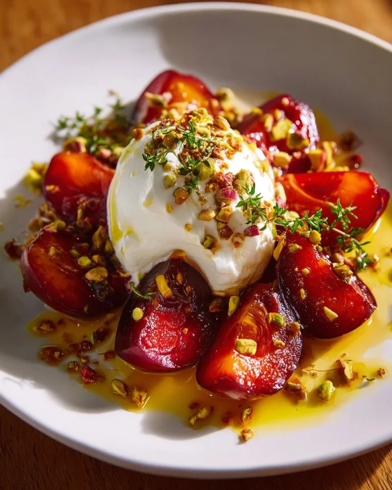 Burrata cheese topped with roasted plums and pistachios garnished with thyme