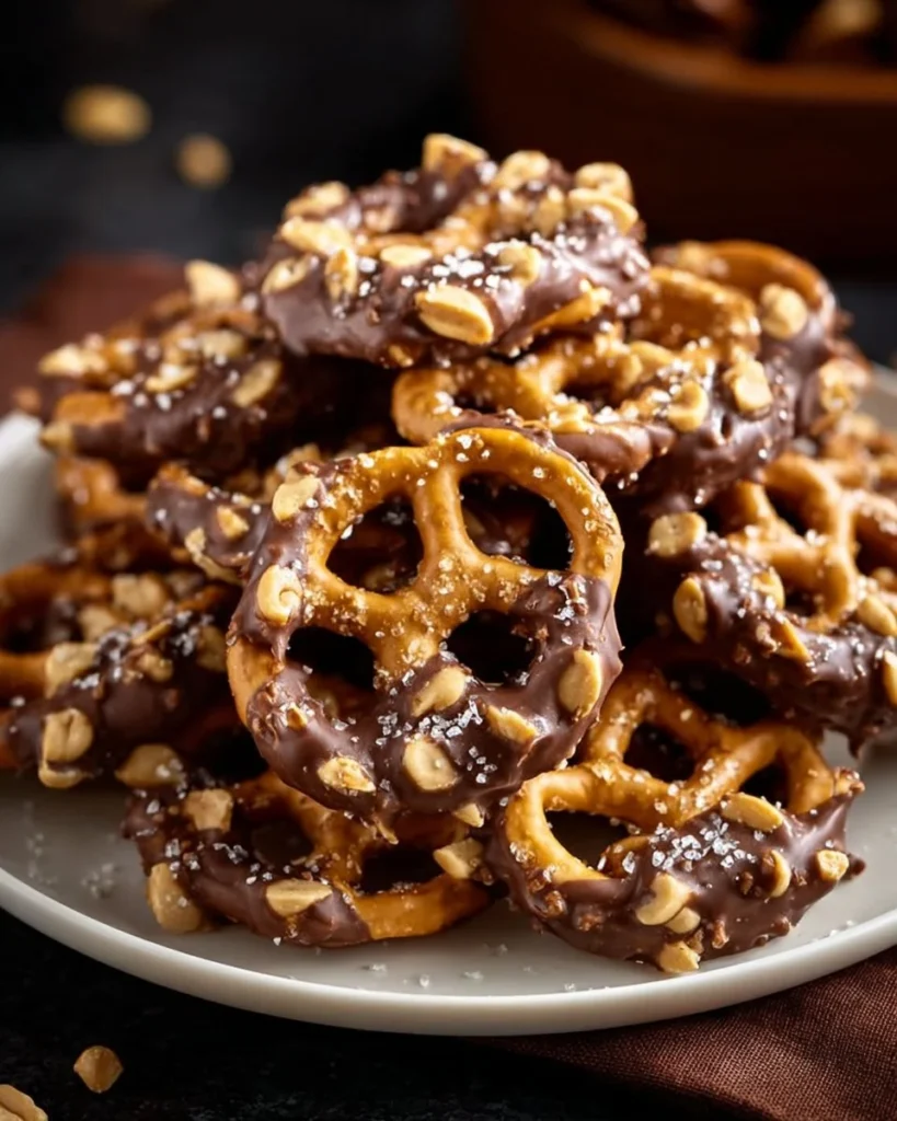 Butter toffee pretzels drizzled with chocolate on a white plate