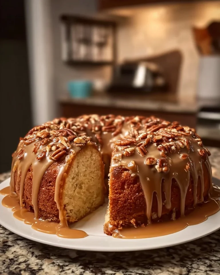 Buttered Pecan Pound Cake with Vanilla and Caramel Glaze on a serving plate