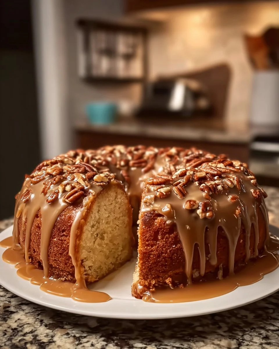 Buttered Pecan Pound Cake with Vanilla and Caramel Glaze on a serving plate