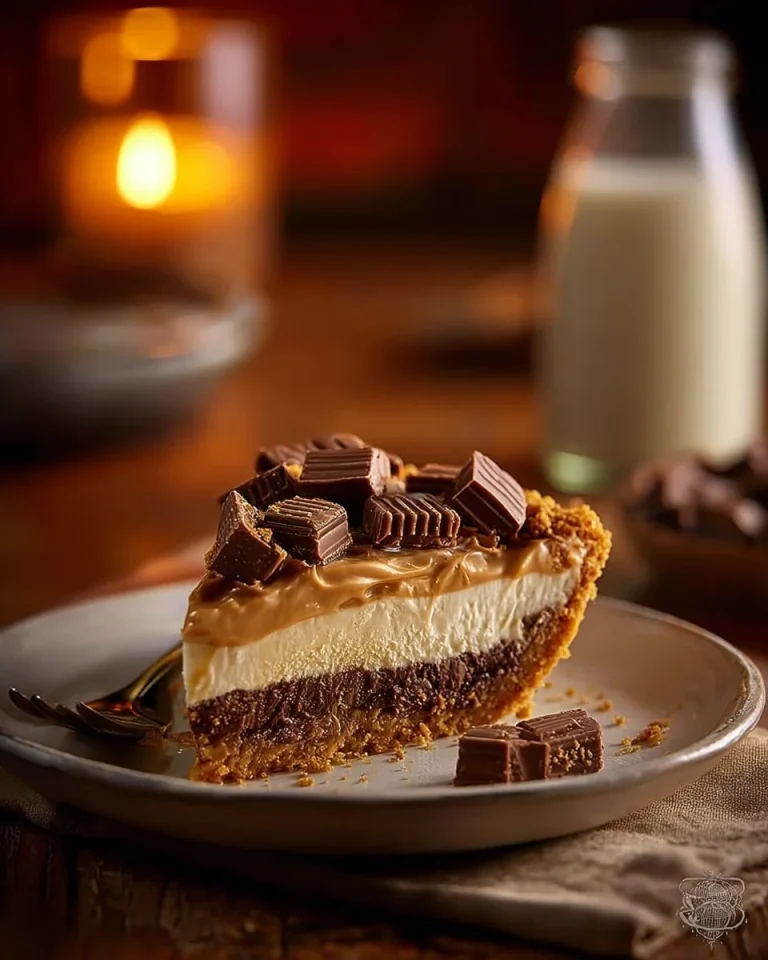 Delicious Butterfinger Pie topped with whipped cream and chocolate.