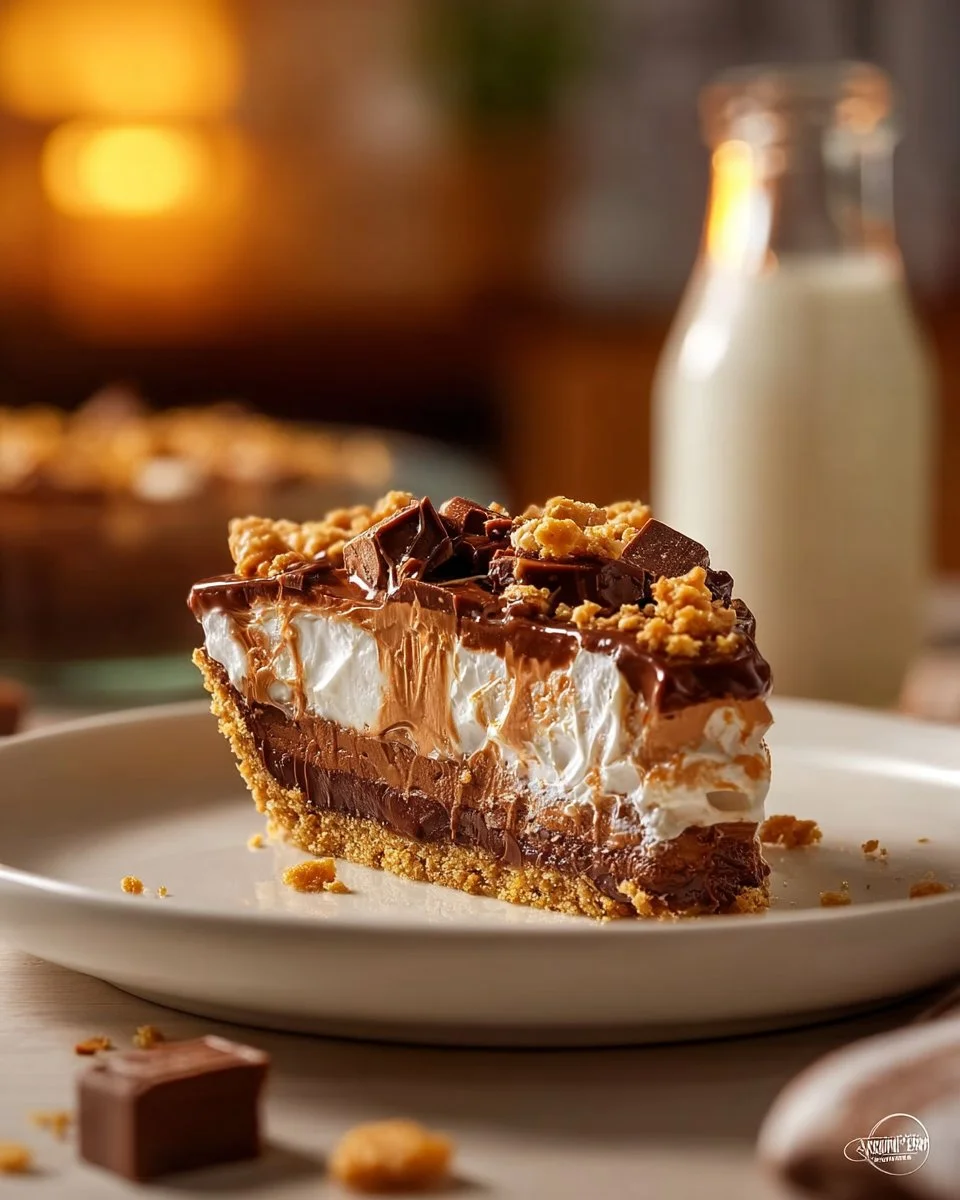 Delicious Butterfinger Pie topped with crushed Butterfinger candy bars