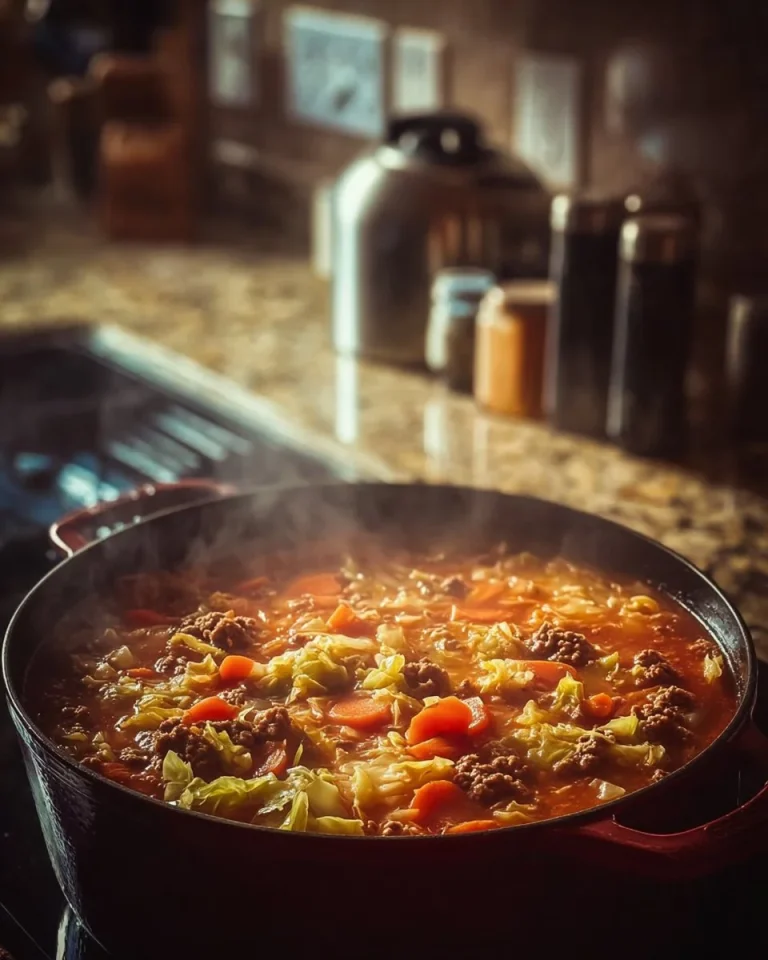 Healthy homemade cabbage soup with fresh vegetables and herbs.