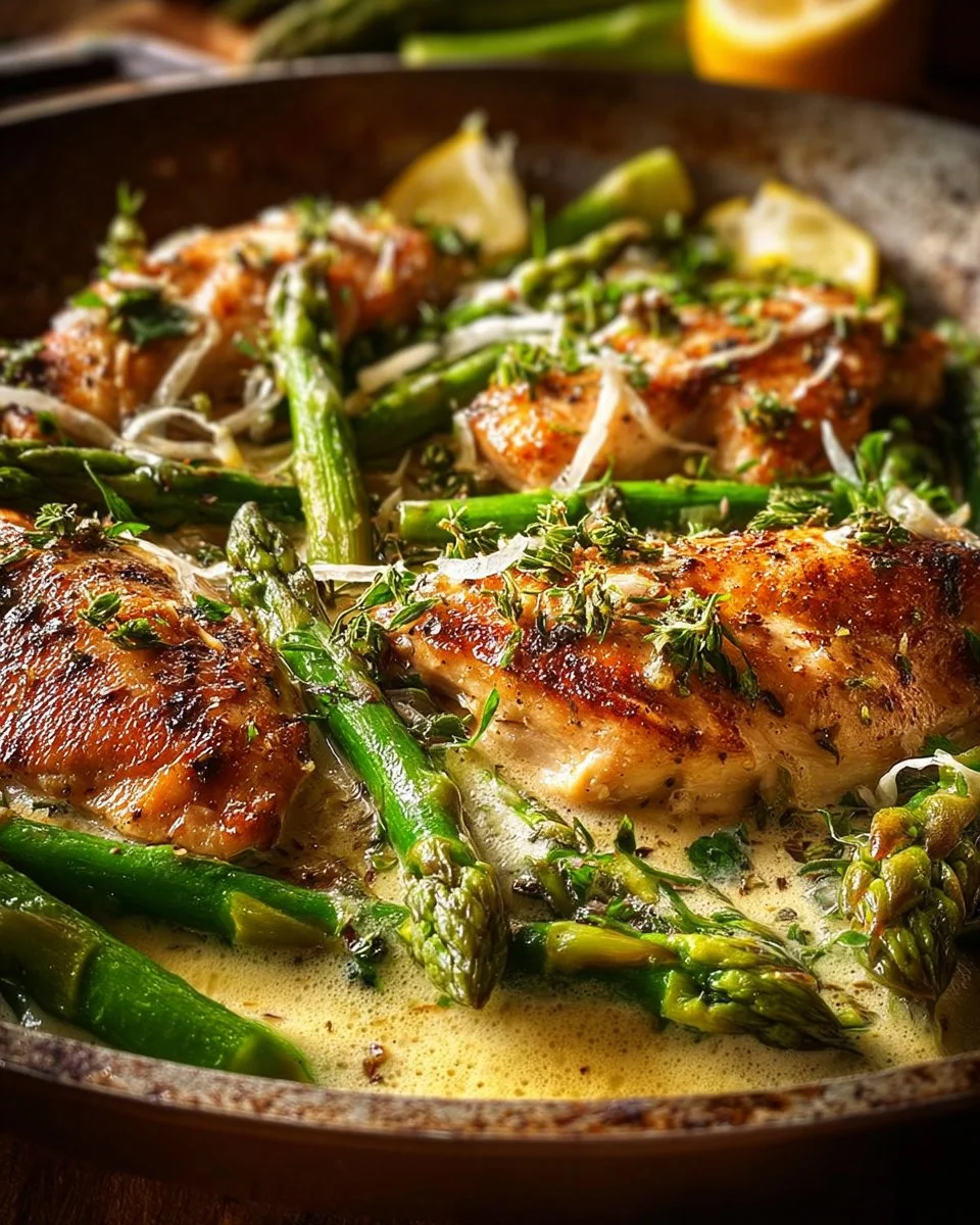 Plate of Caesar Chicken with Asparagus, garnished and ready to serve