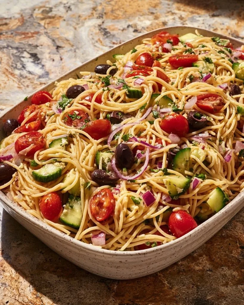 Colorful California Spaghetti Salad with fresh vegetables and dressing