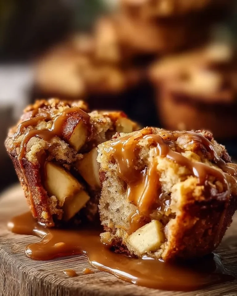 Freshly baked caramel apple muffins topped with walnuts and caramel drizzle