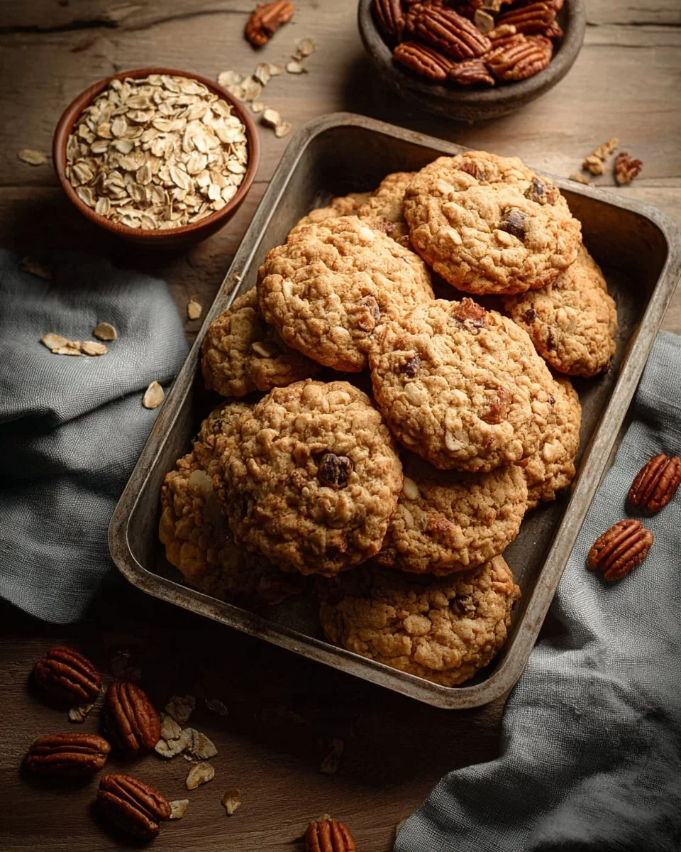 Freshly baked Caramel Pecan Oatmeal Cookies on a cooling rack