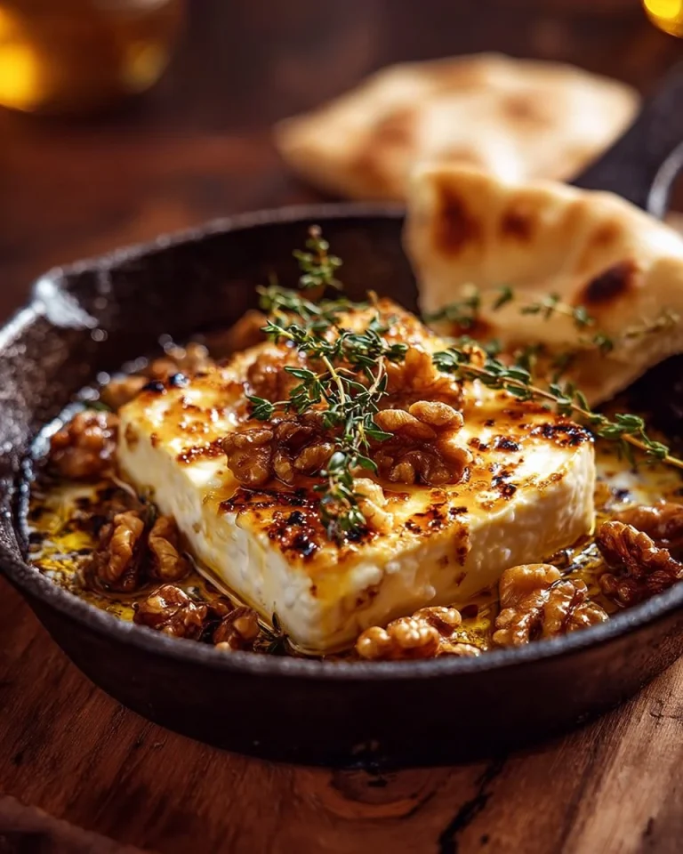Caramelized feta with chili-honey glaze and walnuts on a serving plate