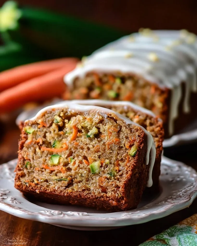 Moist carrot apple zucchini bread with fresh ingredients on a wooden board.