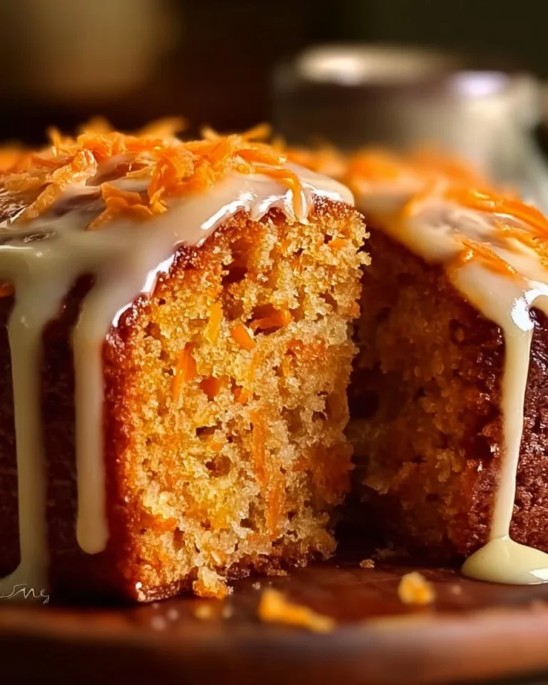 Delicious carrot pound cake topped with creamy glaze on a white plate