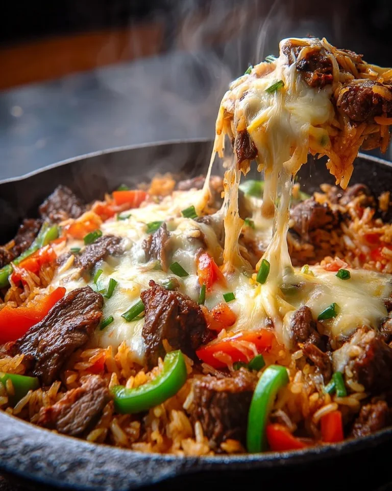Delicious Cheese Steak Fajita Skillet served in a pan with colorful peppers and onions