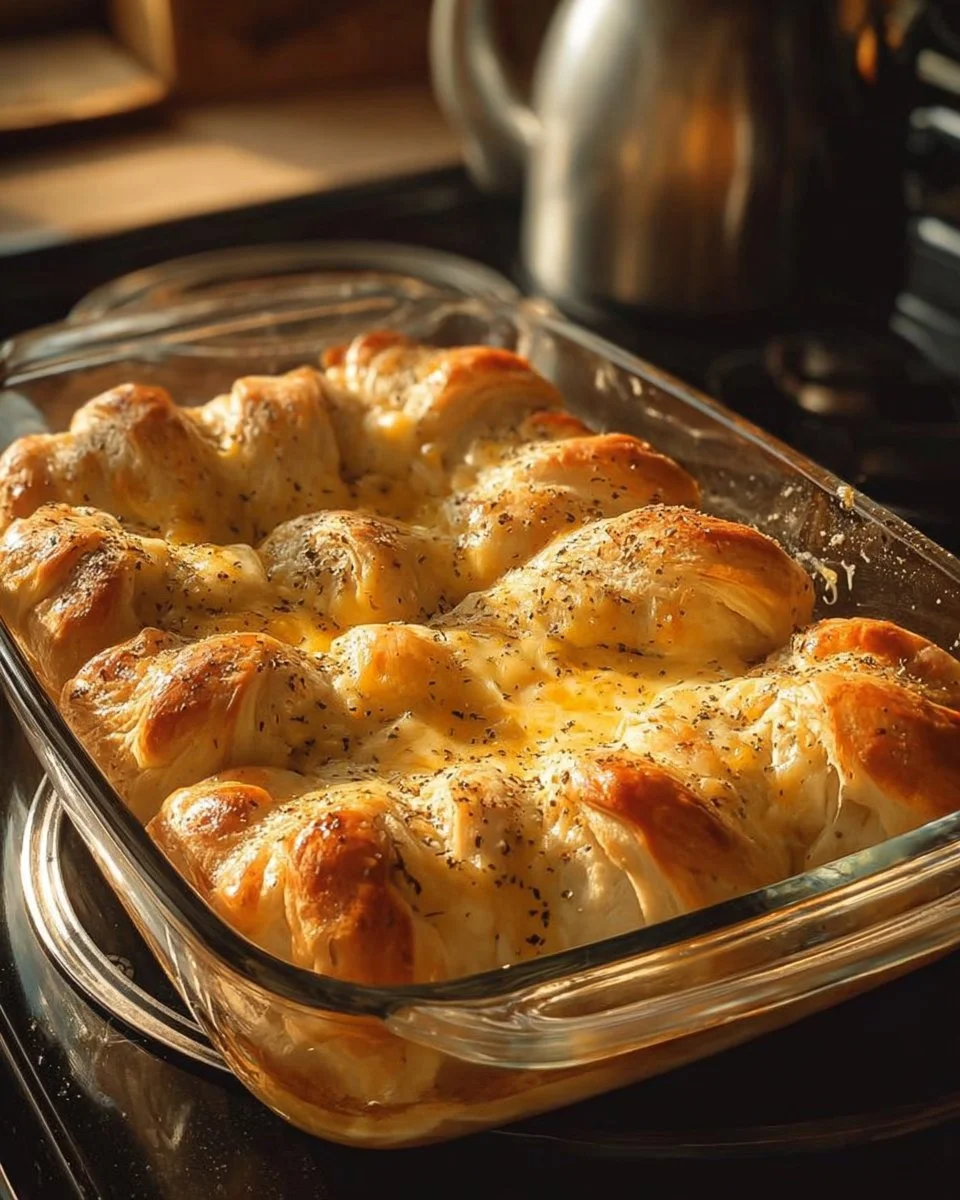 Cheesy Chicken Biscuit Casserole topped with golden biscuits and melted cheese