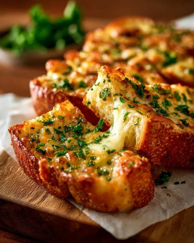 Cheesy garlic bread topped with melted cheese and herbs on a wooden board.