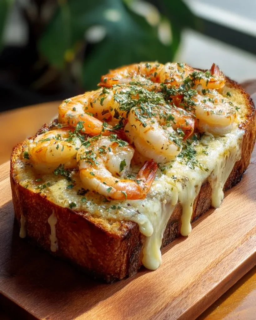Cheesy garlic bread shrimp grilled cheese sandwich with melted cheese and shrimp