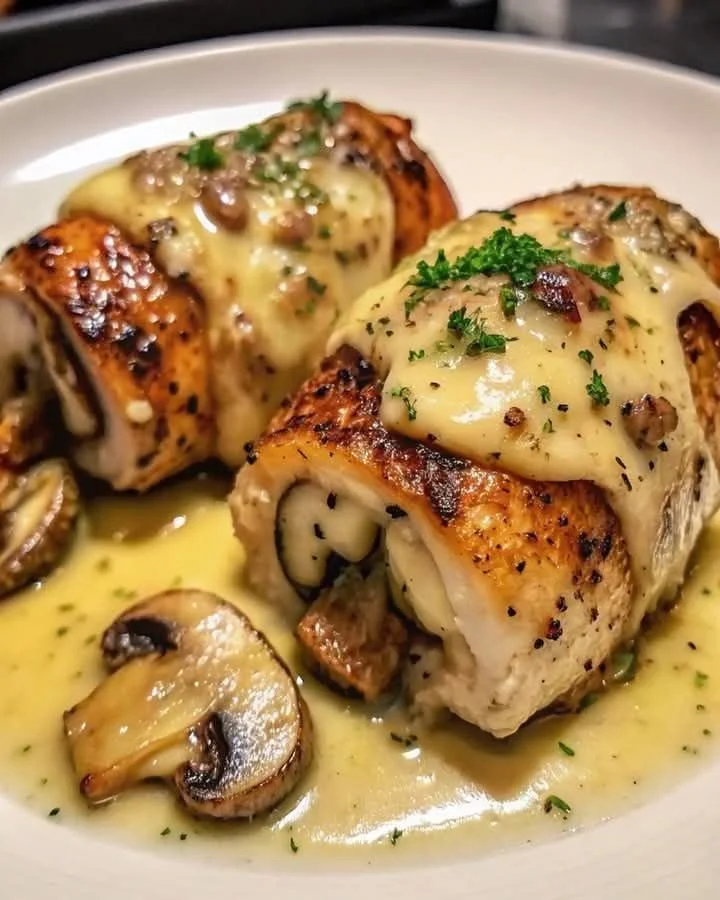 Cheesy garlic butter mushroom stuffed chicken on a plate