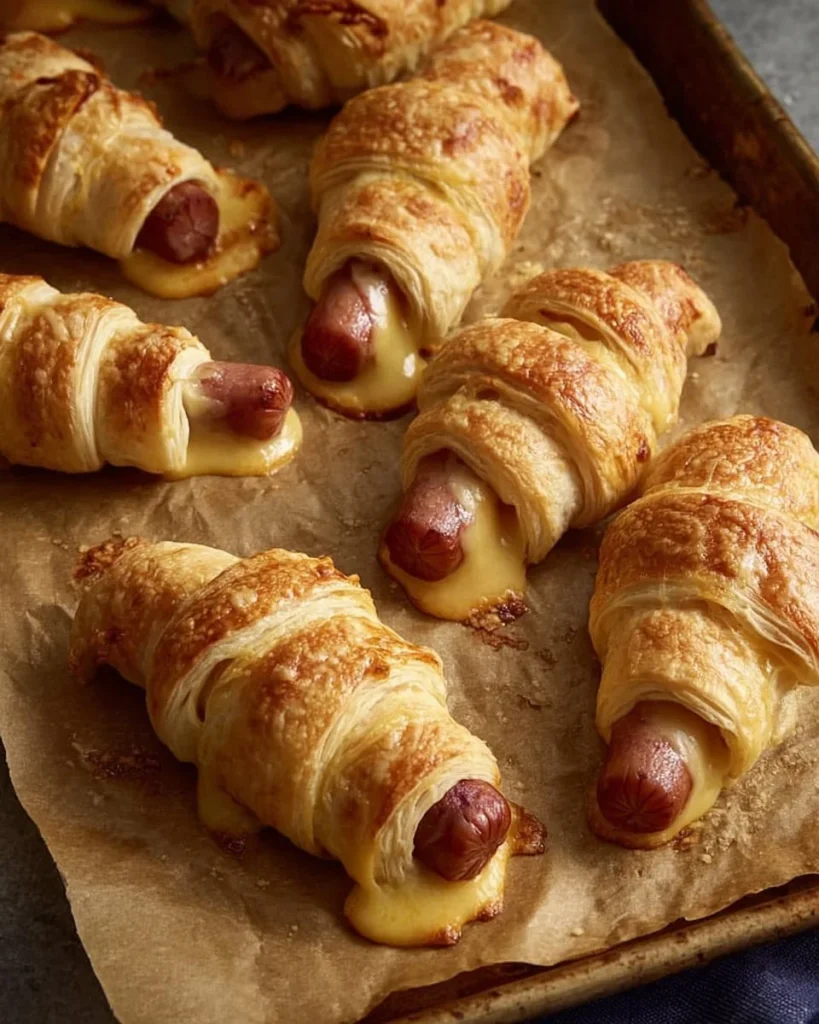 Cheesy pigs in a blanket appetizer with sausage and flaky dough