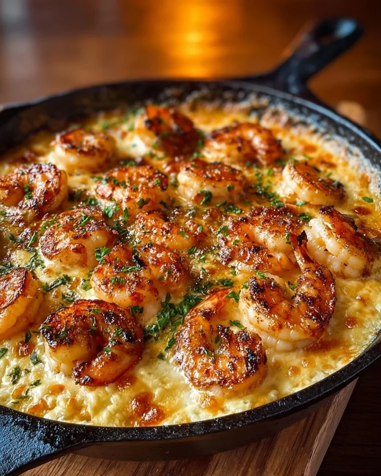 Cheesy Shrimp Scampi Pasta Bake topped with cheese and herbs