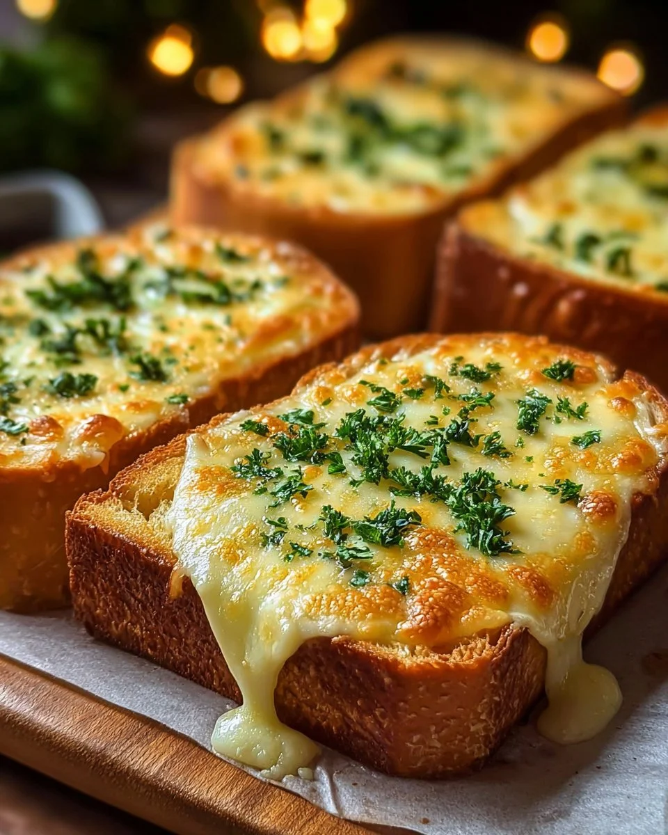 Delicious cheesy Texas toast with melted cheese and golden-brown crust