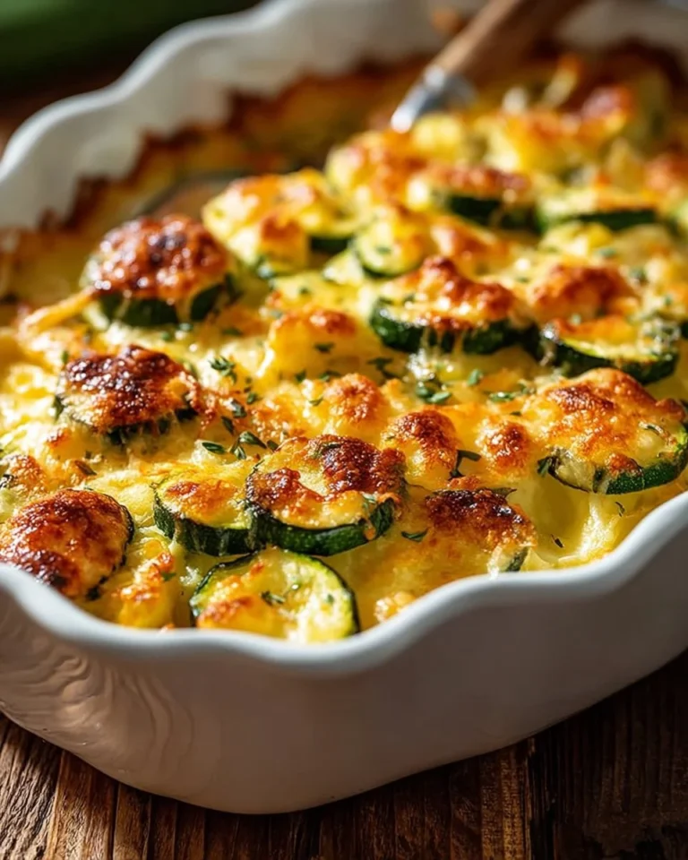Cheesy zucchini casserole topped with melted cheese and baked to perfection