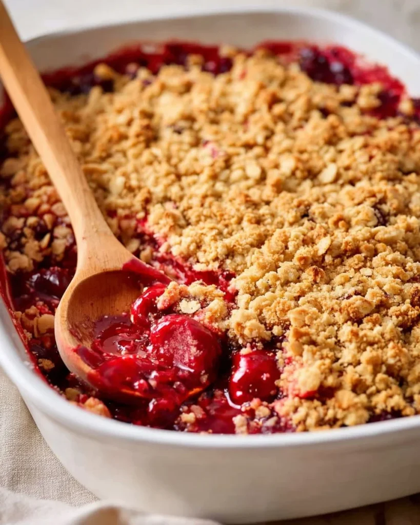 Delicious cherry crumble dessert with juicy cherries and crumb topping