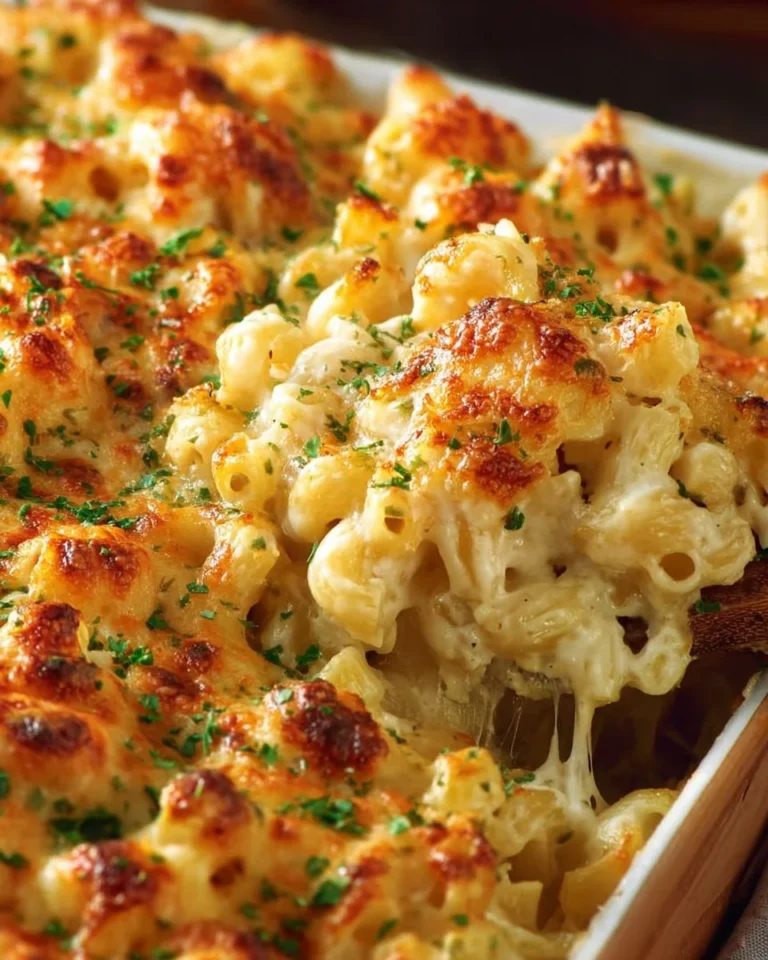 Delicious Chicken Alfredo Bake topped with cheese and herbs