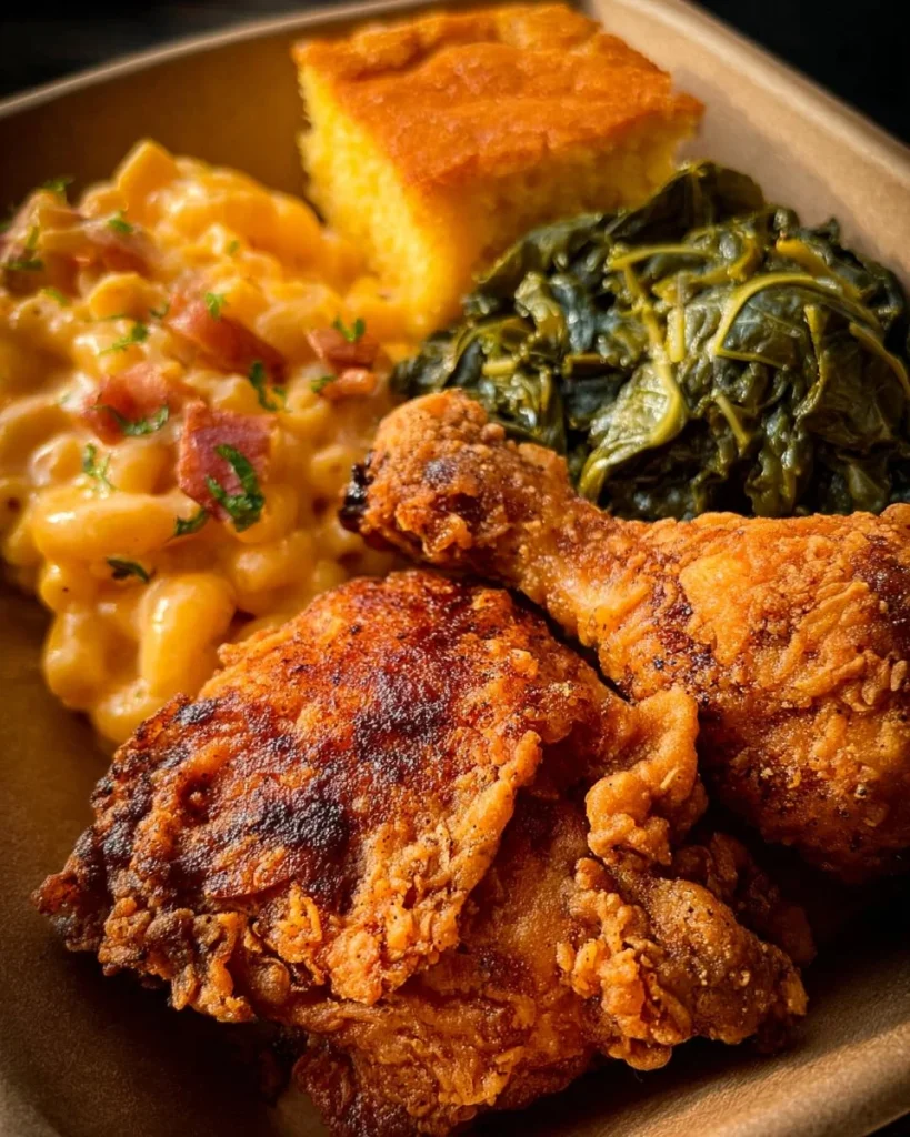 Delicious Chicken and Dressing served with creamy Macaroni and Cheese.