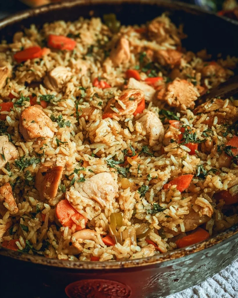 A flavorful plate of chicken and rice garnished with vegetables