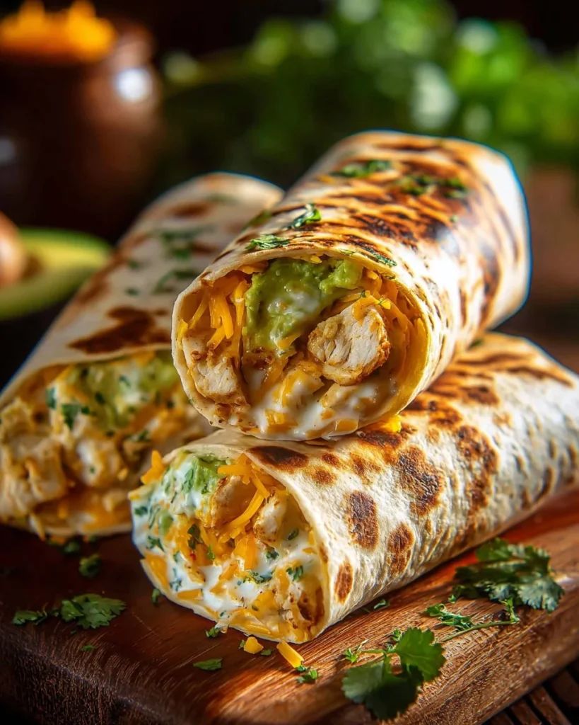 Delicious Chicken Avocado Ranch Burritos filled with fresh ingredients.