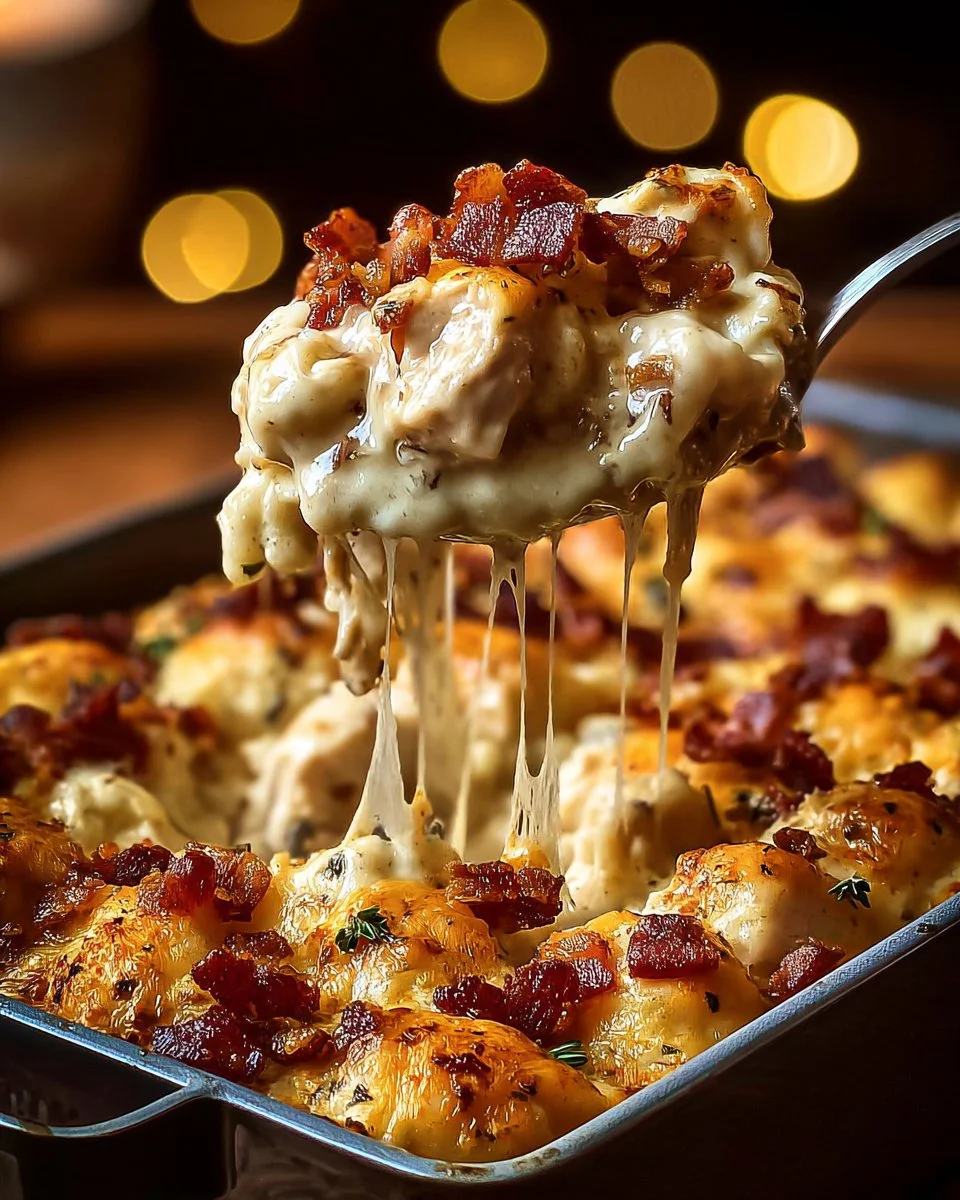 Delicious Chicken Bacon Crunch Casserole topped with crispy bacon and crunchy toppings