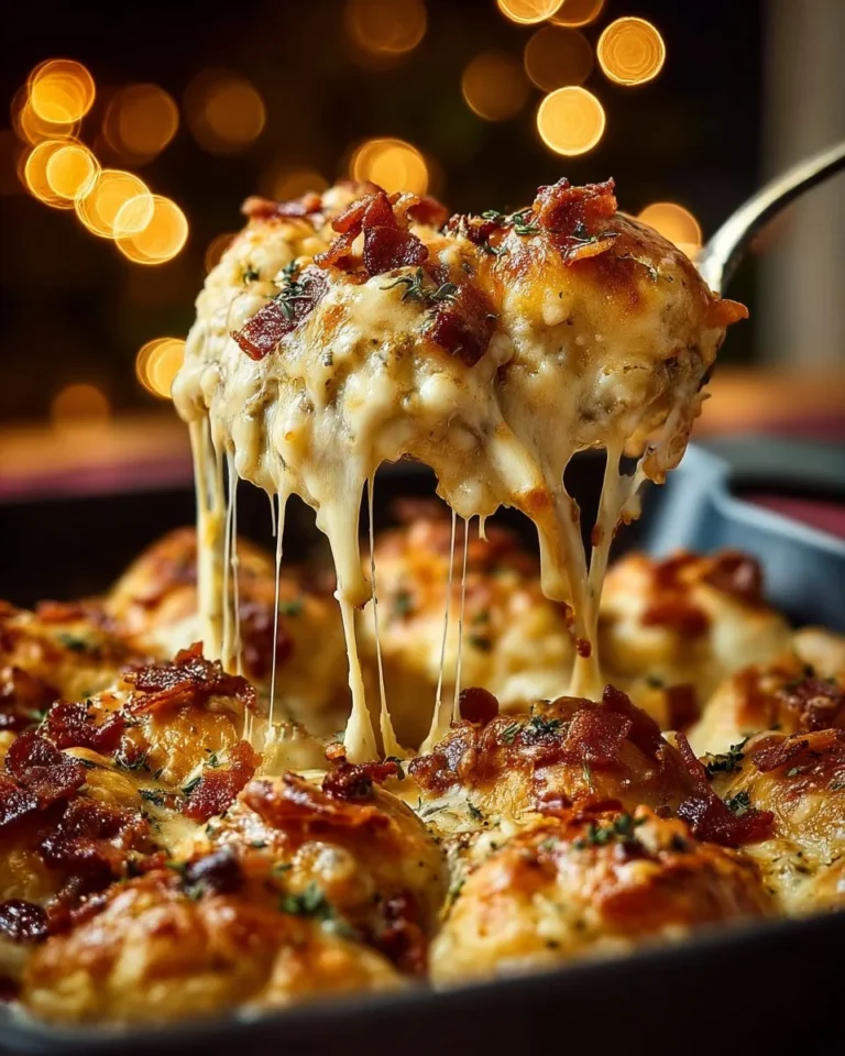 Delicious Chicken Bacon Crunch Casserole topped with crispy bacon and crunchy toppings
