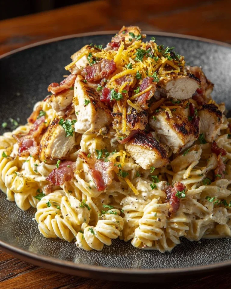 Creamy Chicken Bacon Ranch Pasta served in a bowl with garnishes