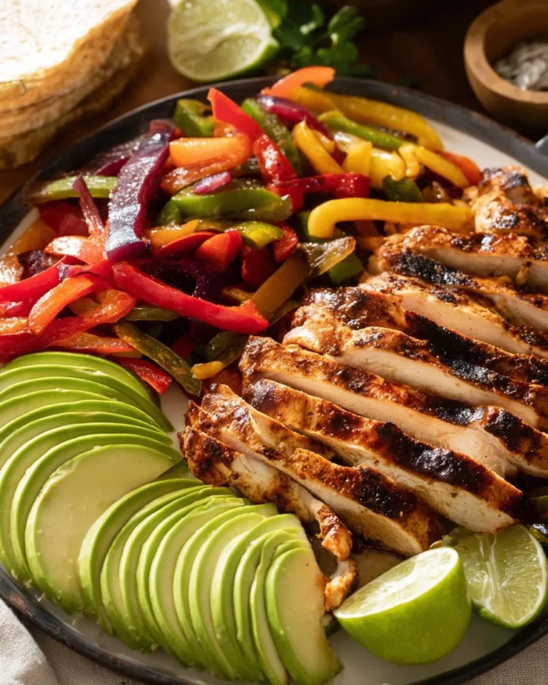 Delicious chicken fajitas with fresh vegetables and spices served on a plate