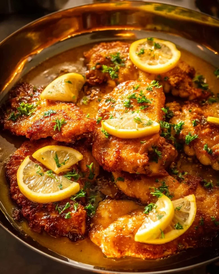 Plate of Chicken Francese with lemon and parsley garnish