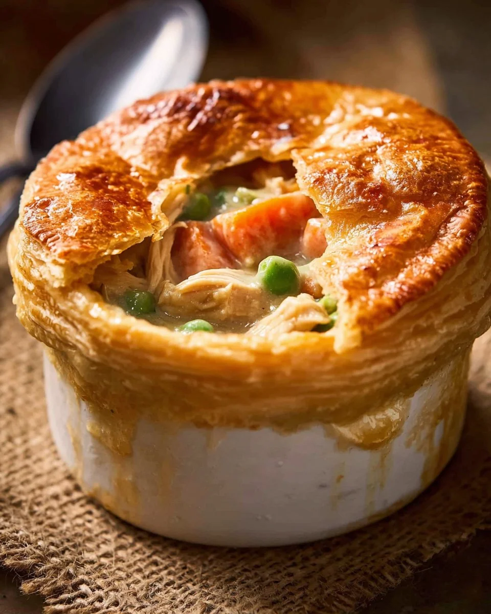 Homemade chicken pot pie with golden crust and savory filling