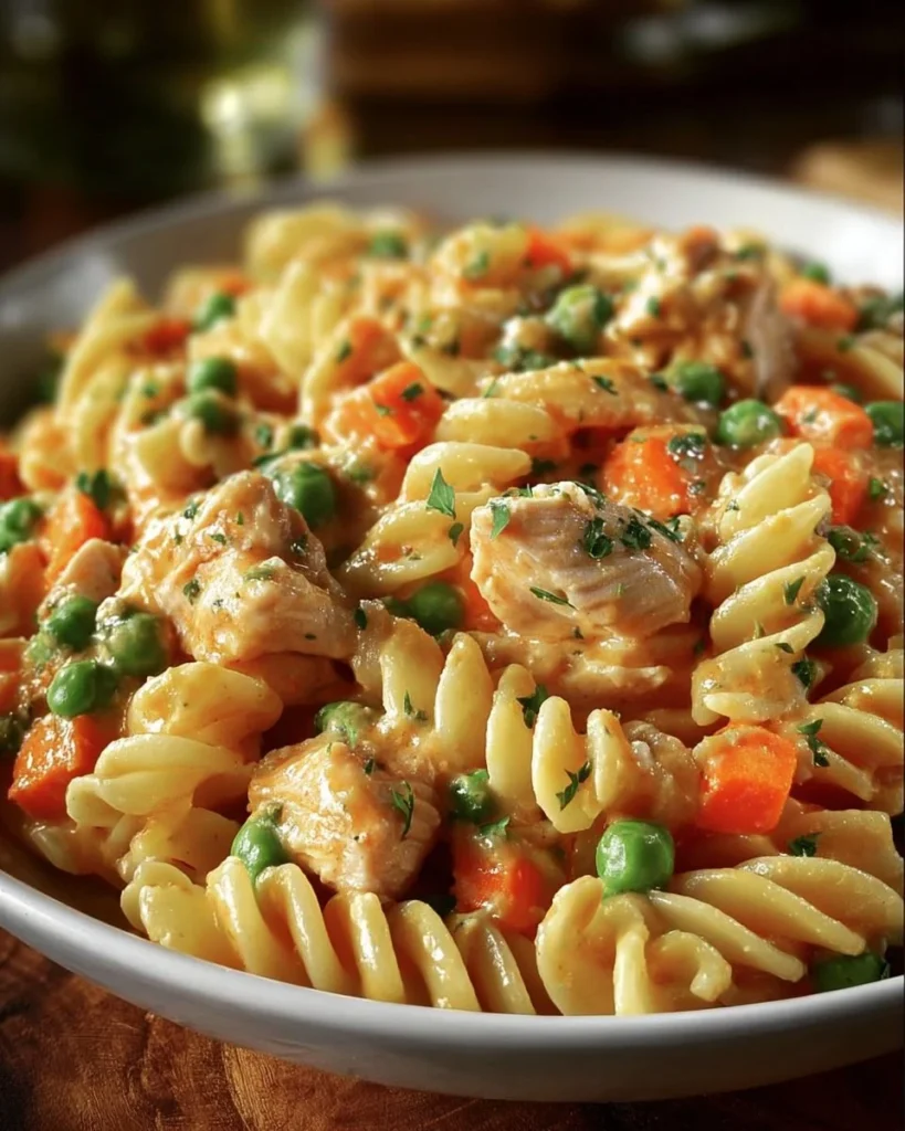 Delicious Chicken Pot Pie Pasta served in a bowl with fresh herbs