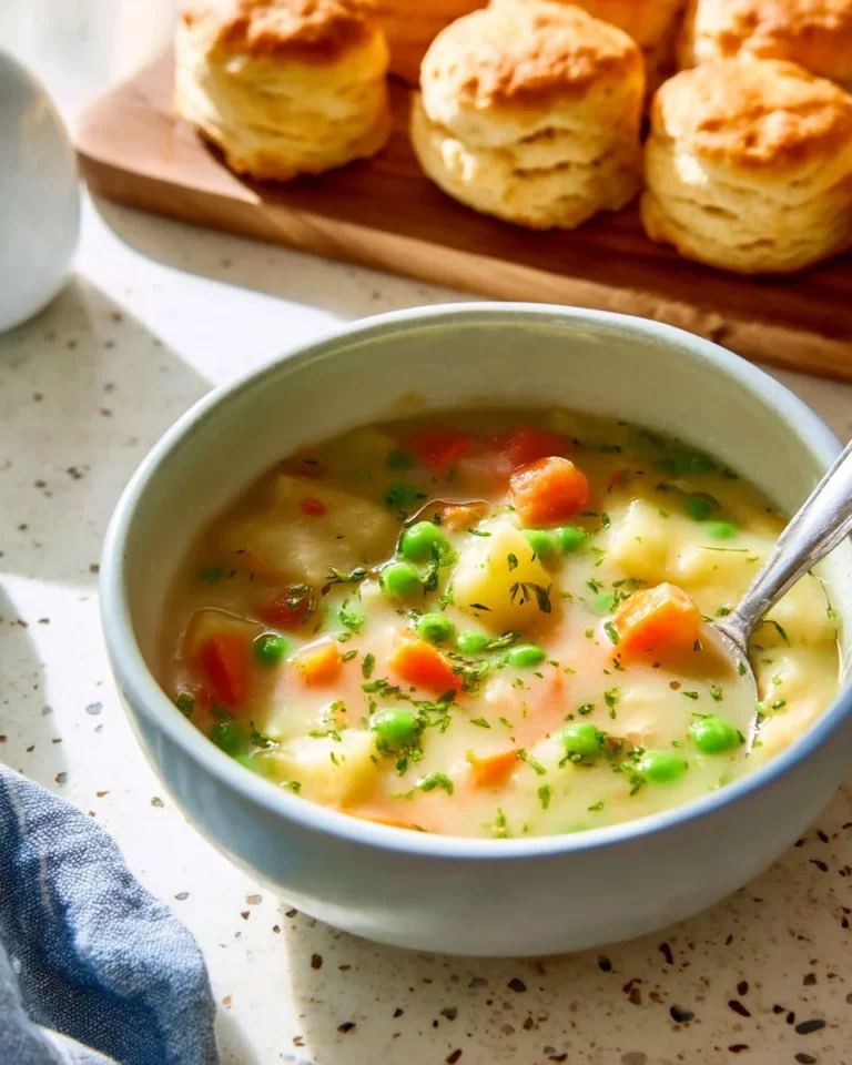 Bowl of creamy Chicken Pot Pie Soup with vegetables and herbs