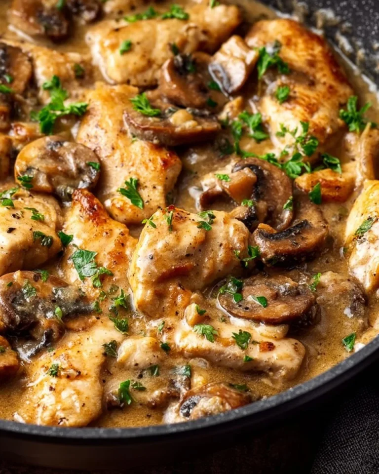 Delicious Chicken Stroganoff served with egg noodles and garnished with parsley.