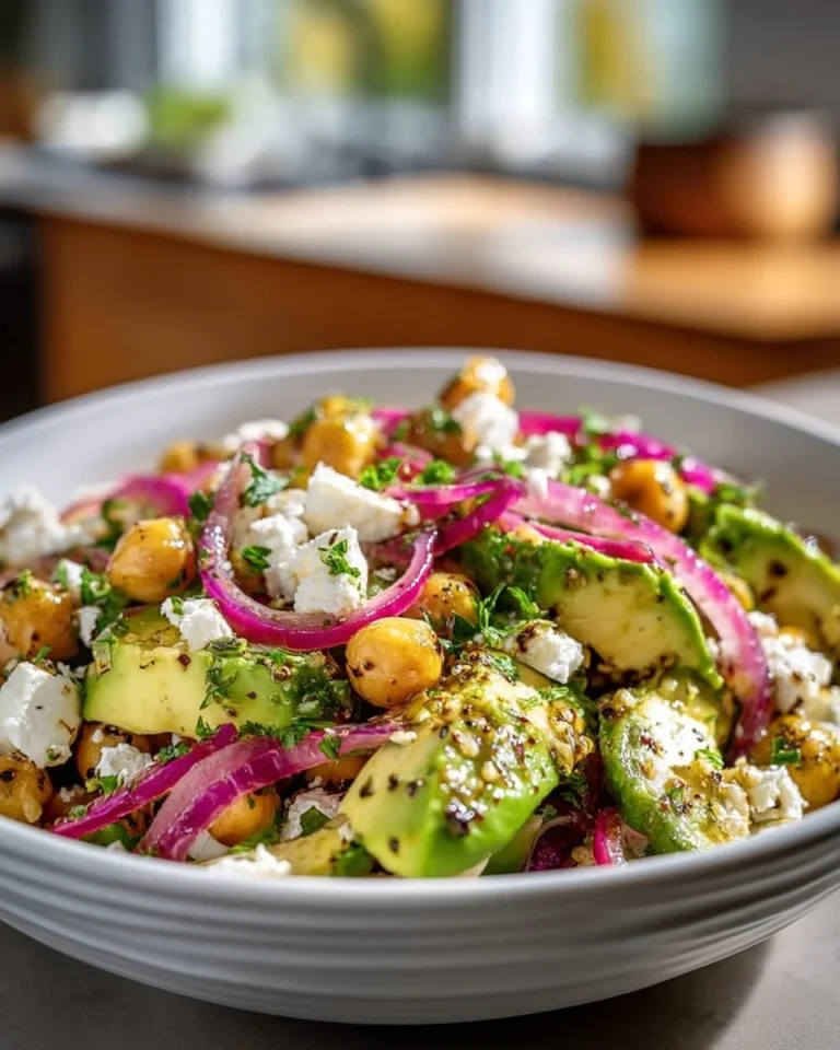 Chickpea Feta Avocado Salad with colorful vegetables in a bowl