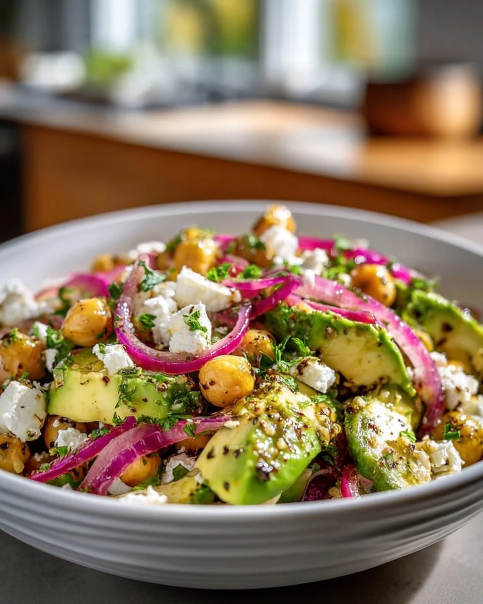 Chickpea Feta Avocado Salad with colorful vegetables in a bowl