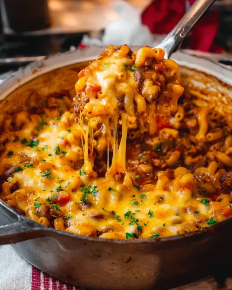 A comforting bowl of Chili Mac topped with cheese and fresh herbs