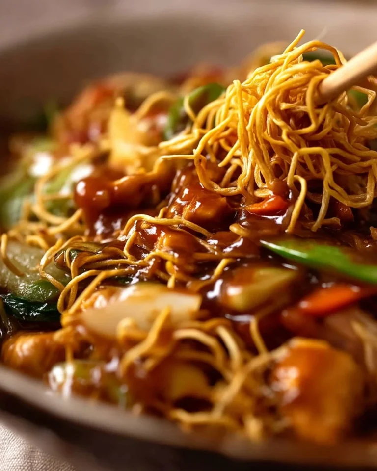 Chinese crispy noodles with saucy chicken and colorful vegetables in a bowl