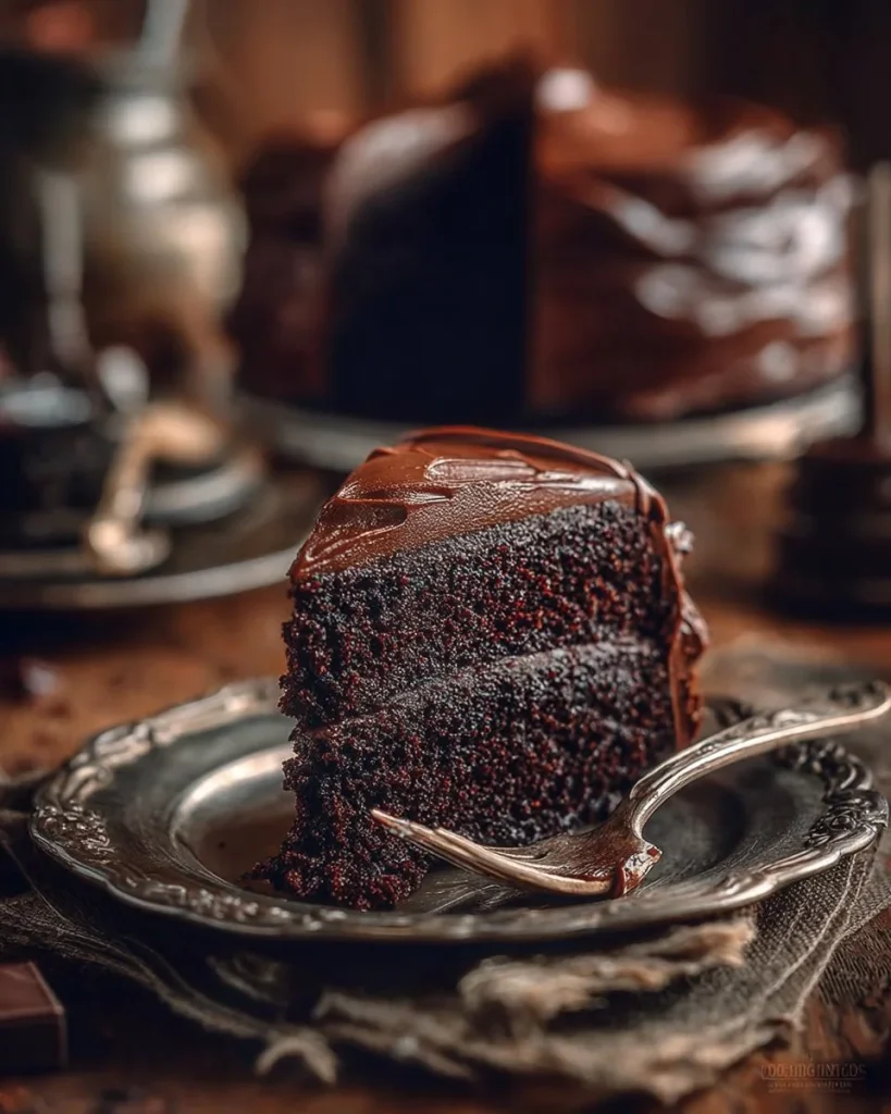 Delicious homemade Chocolate Mayonnaise Cake sliced on a white plate