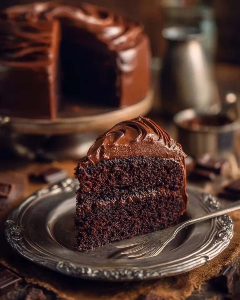 Delicious slice of Chocolate Mayonnaise Cake with creamy frosting and chocolate drizzle.