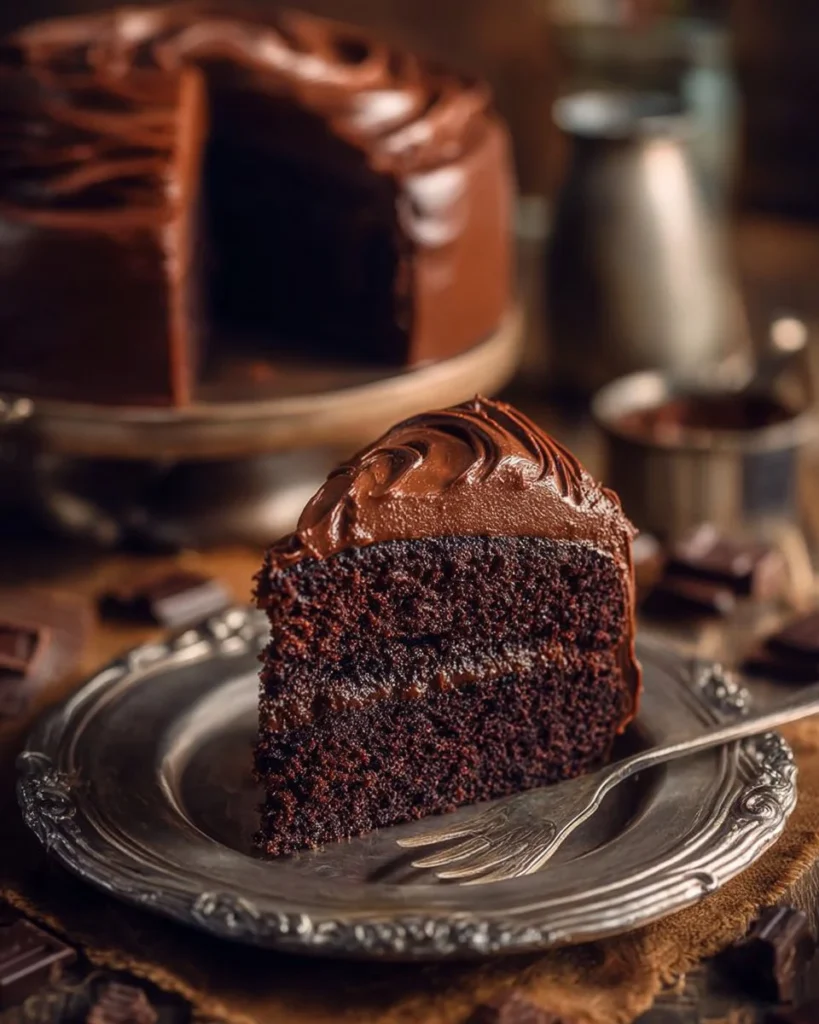 Delicious slice of Chocolate Mayonnaise Cake with creamy frosting and chocolate drizzle.