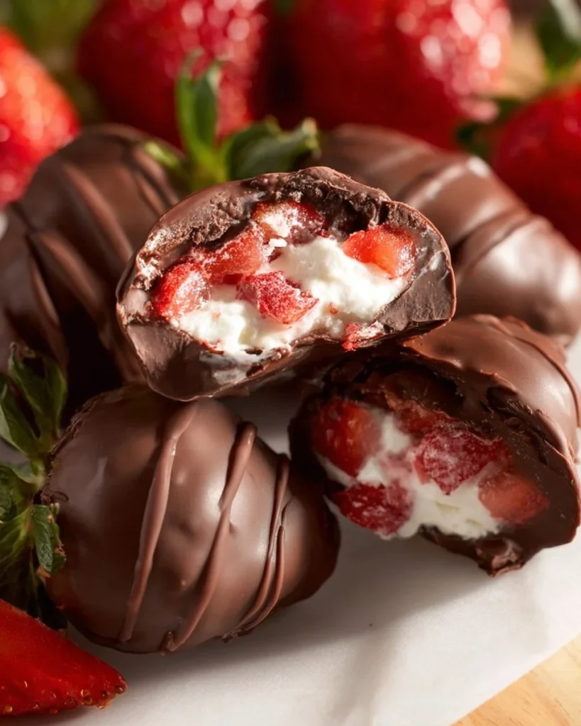 Chocolate strawberry yogurt clusters arranged on a plate for a delicious snack