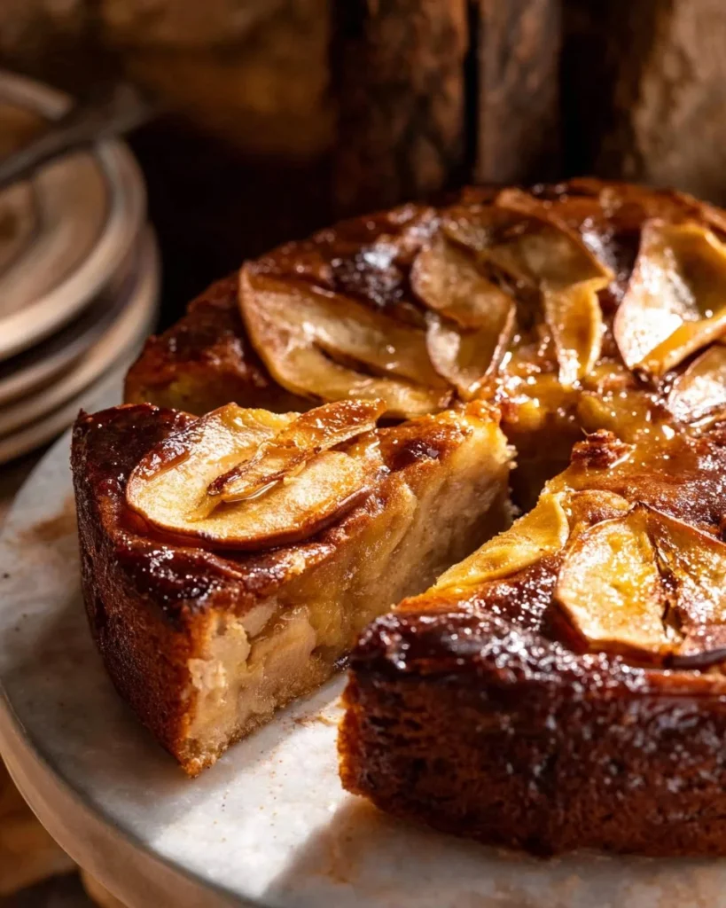 A slice of moist Cinnamon Apple Teacake topped with cinnamon and apple slices.