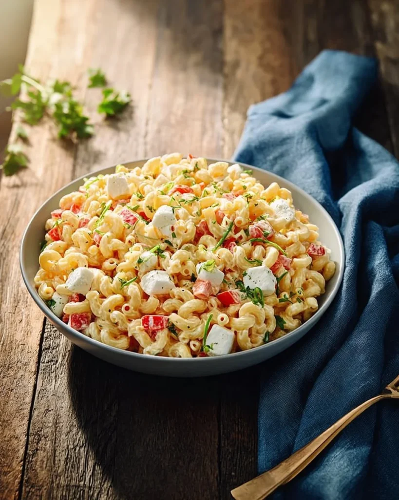 A bowl of classic macaroni salad with vegetables and dressing