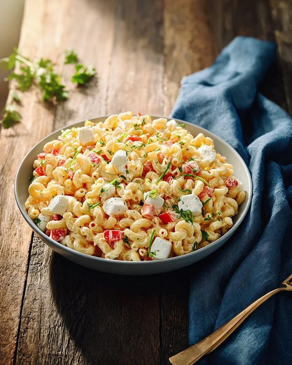 A bowl of classic macaroni salad with vegetables and dressing